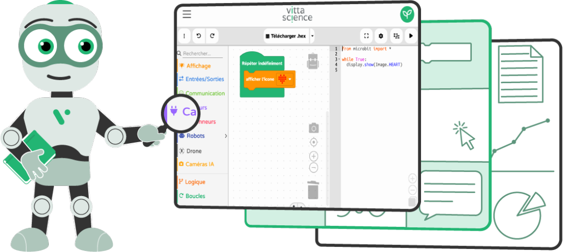 Picture of the Vittascience robot mascot posing in front of screen